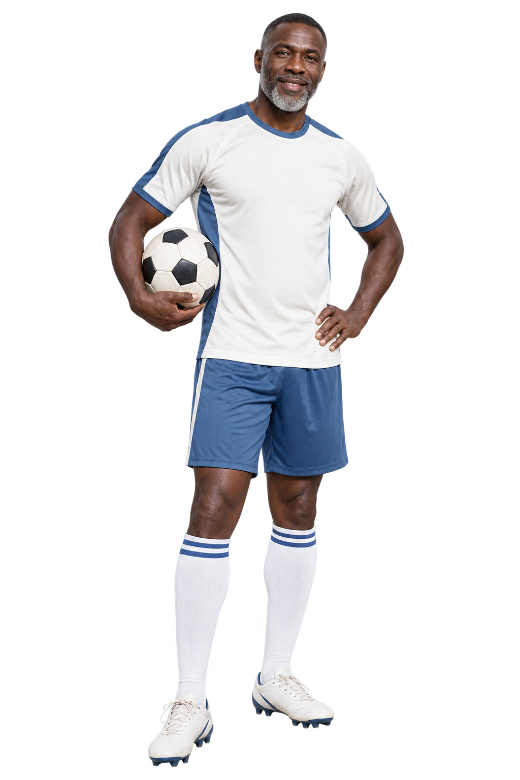 Experienced football player holding a ball and smiling