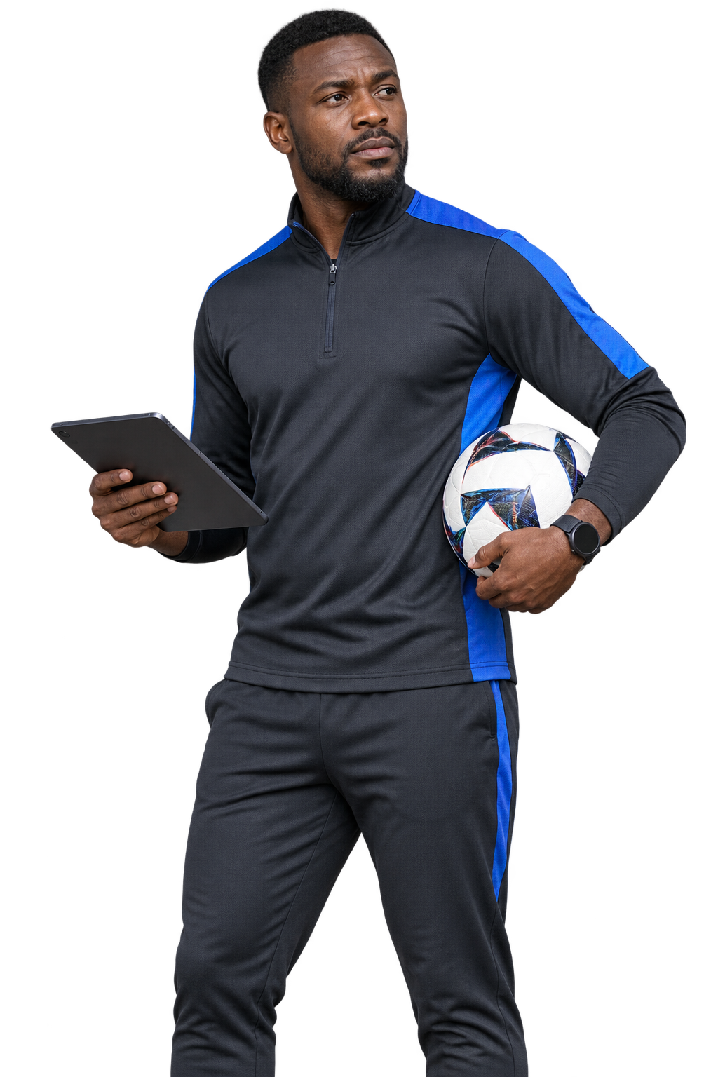 Football analyst holding a tablet and football
