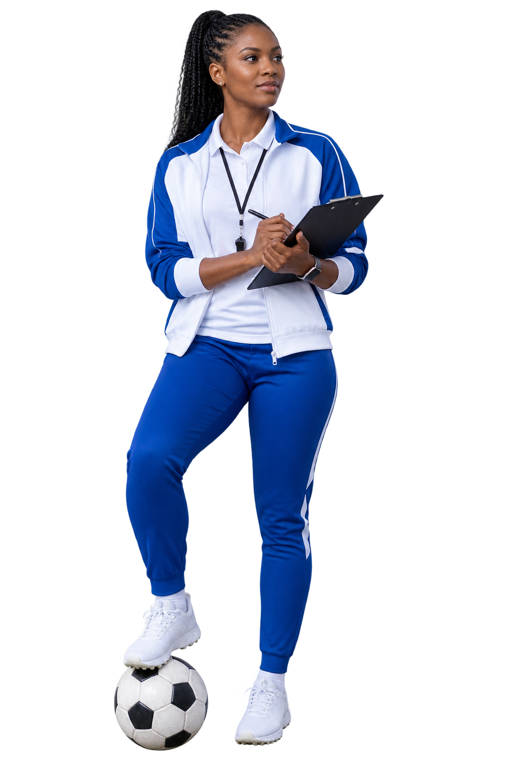 Football analyst holding a clipboard beside a ball